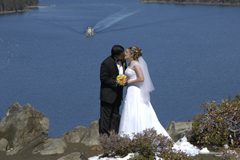 An Emerald Bay bride and groom celebrate marriage with a kiss