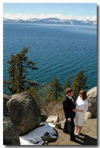 A distant shot of the bride and groom together