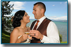 Newly wedded husband and wife having a champagne toast together