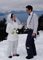 Bride and groom having a ski wedding on Heavenly Mountain