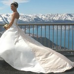 Displaying her beautiful gown atop the midway observation deck at Heavenly Mountain