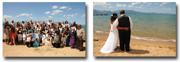 The newlyweds on the beach as their guests gather around them