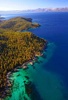 An aerial view of the shoreline of Tahoe