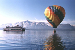 Hot air balloon preparing to lift off over Lake Tahoe