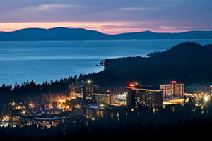 A night scene of the central area of South Lake Tahoe