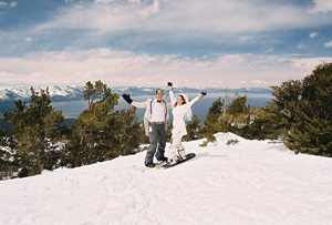 Celebrating after being married in the snow