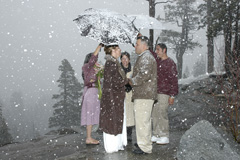 A Tahoe wedding taking place during a winter storm near Emerald Bay