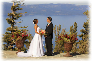 Newly married couple standing on the deck on Heavenly Mountain