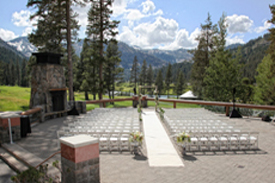 The outdoor ceremony area is setup for a wedding