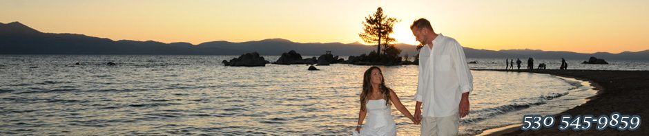 Bride and groom walking on the beach