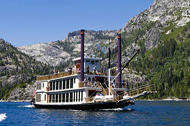 The riverboat cruising on the lake